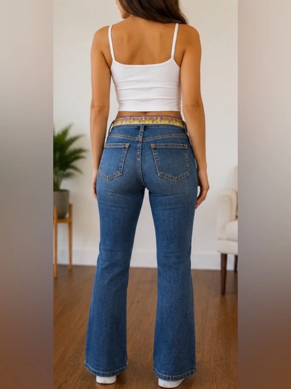 FIBERS Jeans by Barbara Lesser Floral Trim Bootcut Jeans Y2K Boho Denim Size 10